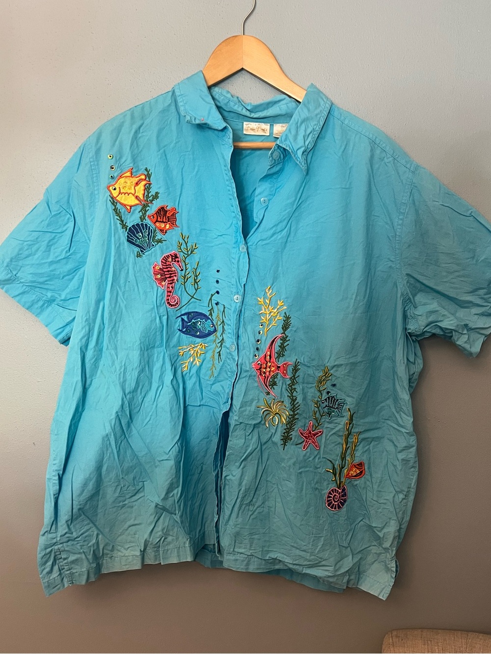 Bobbie Brooks Embroidered Ocean Motif Short-Sleeve Shirt